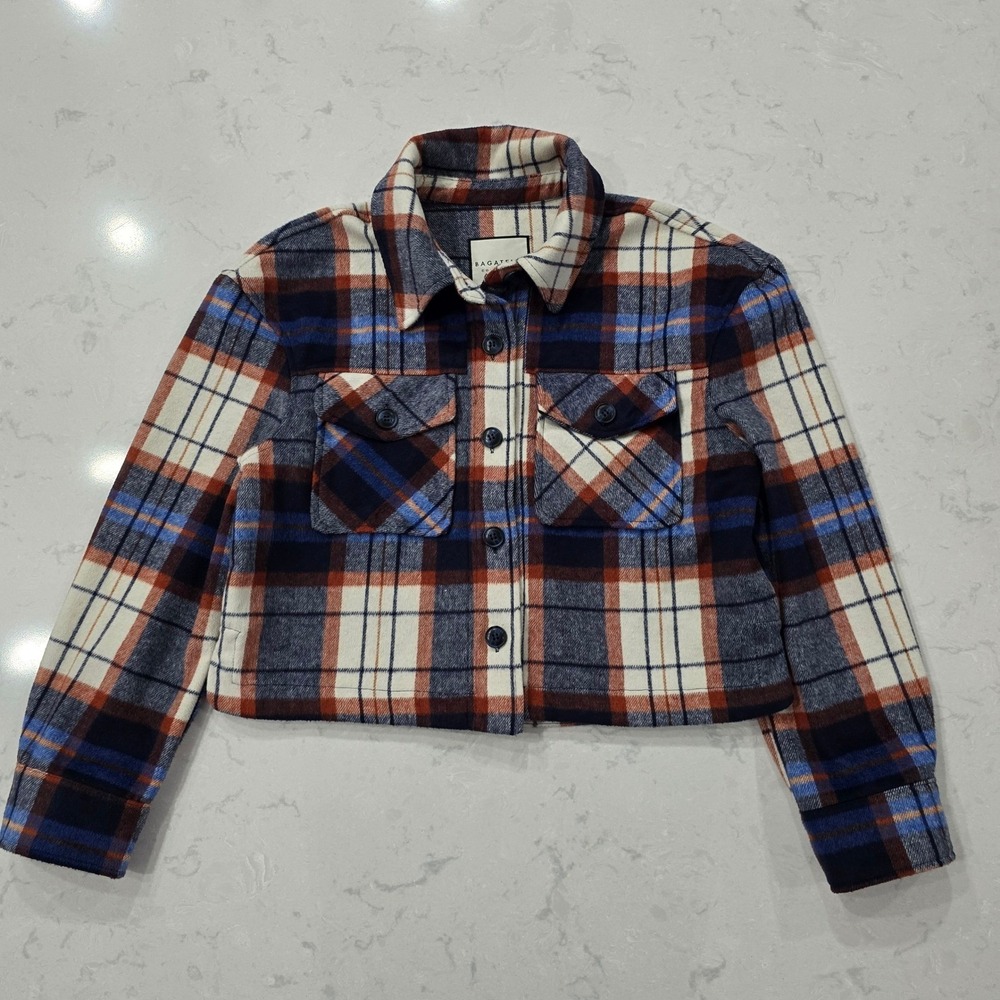 Bagatelle NYC Cropped Plaid Shacket Wool Blend Navy Orange Fall Preppy M